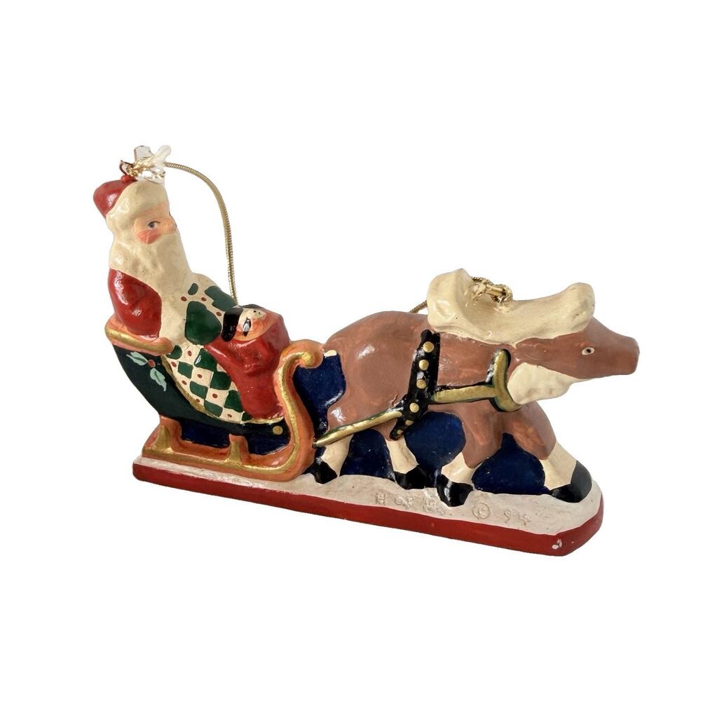 Vintage House of Hatten Santa in Sleigh w/ Reindeer Christmas Ornament 1994
